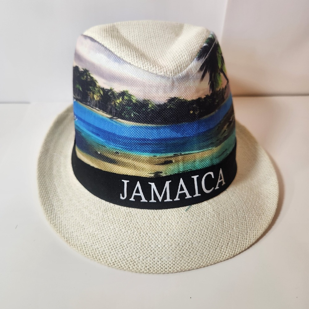 Jamaica Tropical Beach Scene Fedora Sun Hat Cream Woven Straw angel batista
